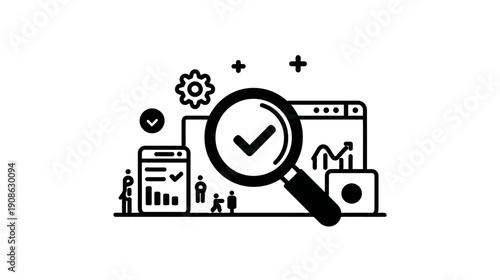 Digital data analysis and validation concept. Search engine optimization, business intelligence, web analytics, and process optimization.