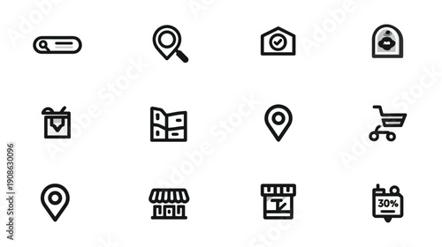Modern Set of Black Outline Vector Icons for Navigation, E-commerce, Location, Business, and Web Design. Minimalist UI Elements.