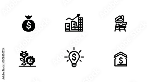 Financial and Business Icon Set: Money, Investment Growth, Real Estate, Savings, Planning, and Profit Ideas