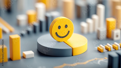 A 3D pie chart with a smiley face on top surrounded by various colorful bar graphs and charts