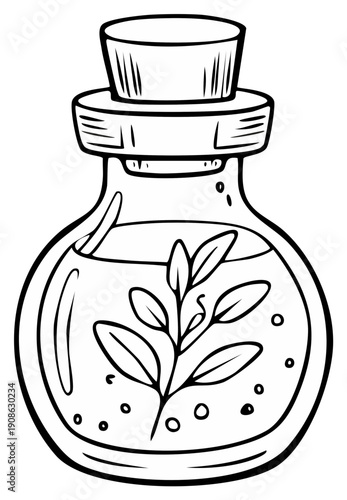 Outline drawing of a mystical glass bottle with cork stopper holding a herbal plant essence