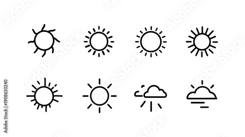 Set of minimalist outline weather icons. Collection of sun, sunny, cloudy, and rainy forecast line art pictograms for UI/UX design.