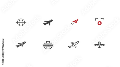 Collection of travel and aviation icons: airplanes, globes, and paper plane symbols. Global communication, tourism, and transportation concepts.
