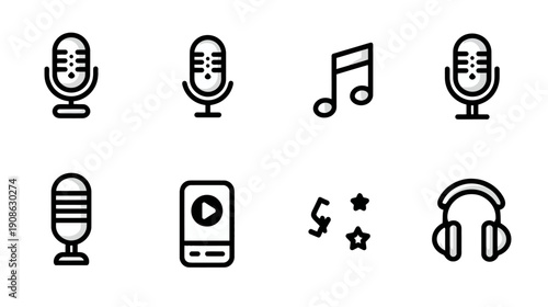 Minimalist audio and music line icons set featuring microphones, headphones, music notes, and a media player for sound design and podcasting.