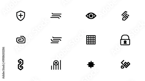 Universal line icons set for UI, UX, web, and mobile app design. Includes security, menu, view, attachment, document, grid, lock, signal, star, tools.