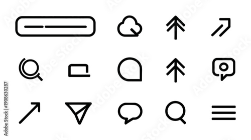 Minimalist black outline UI UX icons set for modern web and mobile application design, digital interface elements, and navigation.