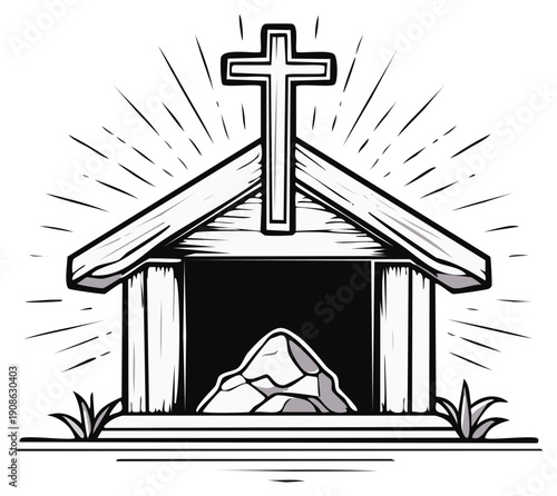 Christian chapel with cross and tomb illustration