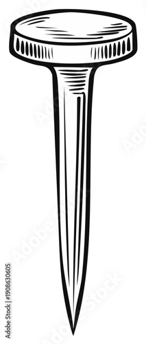 Hand Drawn Outline Illustration of a Single Metal Nail with a Pointed Tip for Construction and Repair