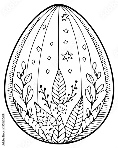 Intricate Easter egg coloring page with hand drawn folk botanical patterns and stars illustration