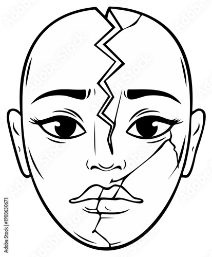 Broken face line art illustration of a cracked head symbolizing emotional trauma and mental health