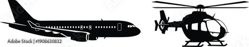 Black silhouette vector set of commercial passenger airplane and civilian transport helicopter isolated on white background for aviation and travel design,