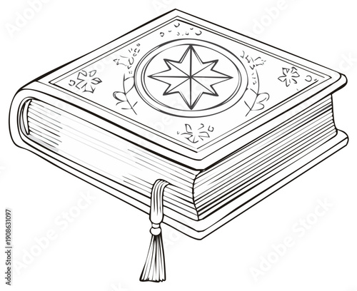 Vector illustration of a book with an ornate cover, a bookmark, and a compass rose.