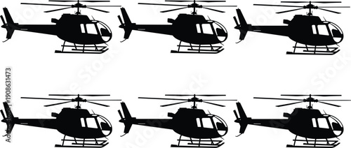 Vector collection of six identical black helicopter silhouettes isolated on white background for aviation, transport industry, and flight design elements,