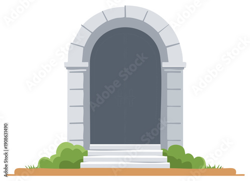 Grand stone archway with double doors and garden steps