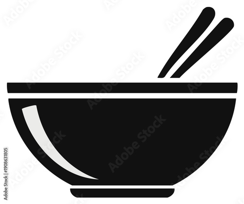 Simple black bowl with chopsticks, minimalist food icon