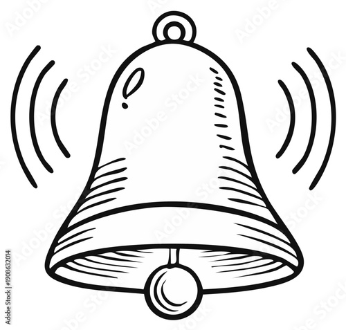 Hand drawn cartoon outline illustration of a loudly ringing bell with dynamic sound waves icon