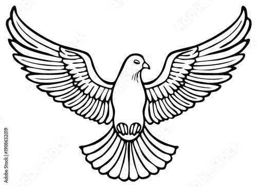 Black and white flying dove illustration with spread wings, a symbol of peace, hope, and spirituality.