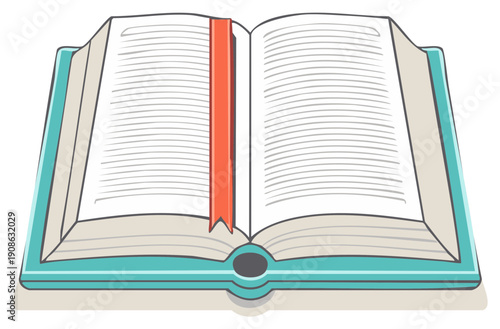 Vector illustration of an open hardcover book with text pages and a red ribbon bookmark