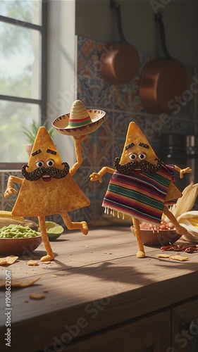 Two funny dancing mexican homemade totopos with mustaches on kitchen,vertical.