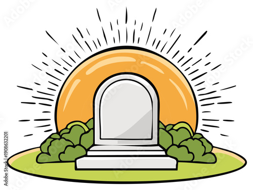 Stylized gravestone illuminated by a bright sun symbolizing new beginnings and hope