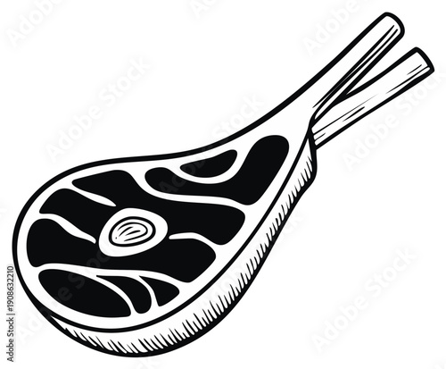 Graphic black and white illustration of a raw lamb chop with bone ideal for culinary designs