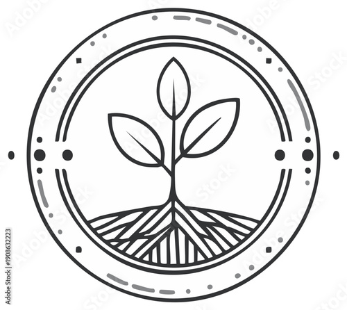 Circular emblem features simple line drawing of a seedling plant with roots growing in soil