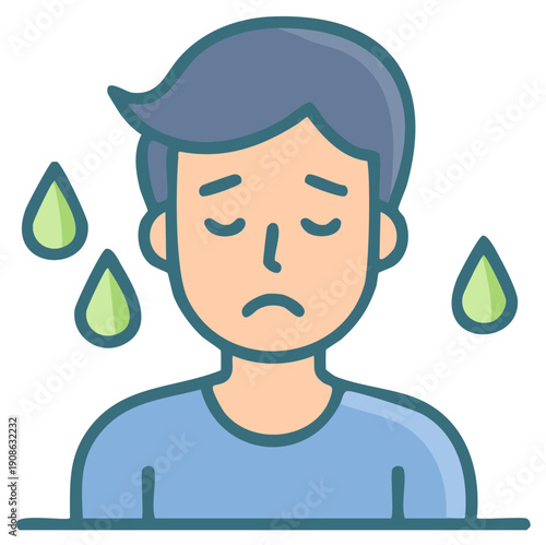 Icon depiction of an exhausted, sweaty man, feeling stressed and unwell with sweat drops.