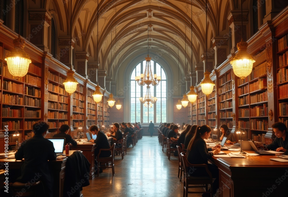 Fototapeta premium Opulent University Library Grandeur with Majestic Marble Architecture and Stunning Chandeliers Illuminating Knowledge