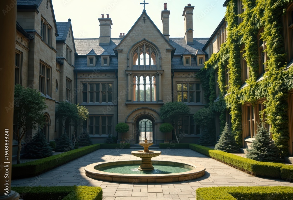 Obraz premium Prestigious Gothic Boarding School with Majestic Buildings and Elegant Courtyard