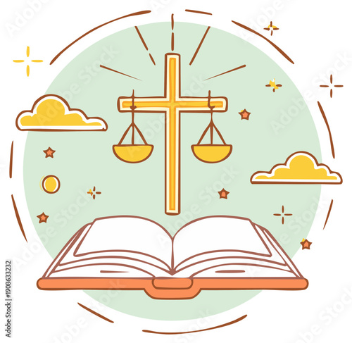Open book with golden cross and scales, law and religion concept, vector illustration