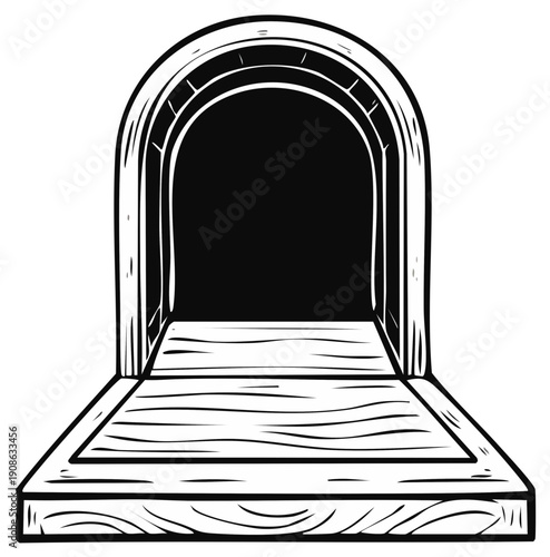 Arched Wooden Passage Way to Dark Interior, Wood Archway Silhouette Graphic