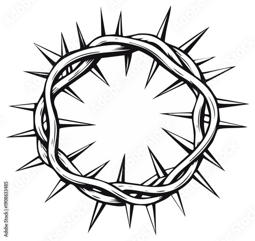 Illustrative rendering of a spiky crown of thorns in stark black and white style, signifying suffering and sacrifice.