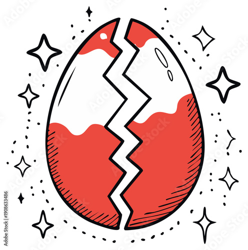 Cracked egg with red yolk, illustrated with stars, eggshell fracture illustration