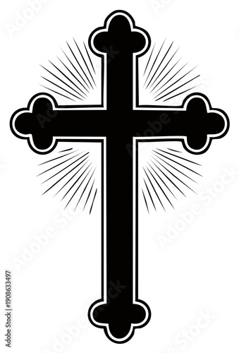 Elegant black silhouette of a Christian cross with radiating light rays symbolizing faith and hope