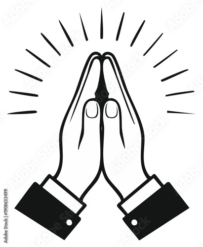 Illustrative hands clasped together in a gesture of prayer or hope with emanating rays, creating a symbol of faith and spiritual connection