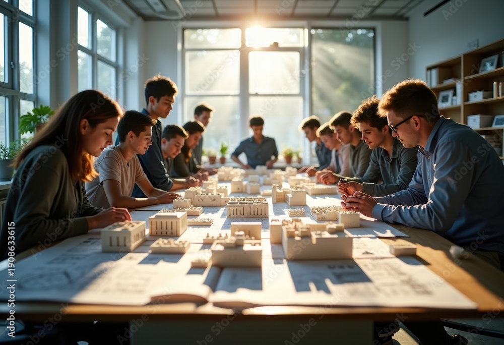 Fototapeta premium Students Deeply Engaged in Practical Architectural Model Reviews at Workspace