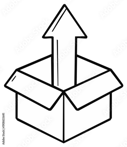Open cardboard box with an upward arrow emerging, symbolizing delivery, upload, growth, or new product release