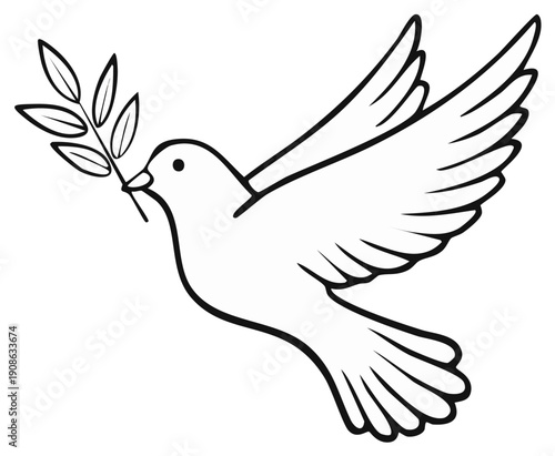 Outline illustration of a dove carrying a laurel branch symbolizing peace and hope