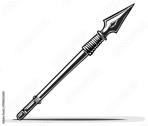 Black and white illustration of a spear with a sharp metal point and ornate details.