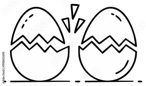 Cracked eggshells with fragments outline symbol and jagged edge in black and white