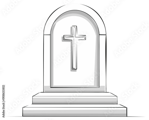 Gray Cross on a Tombstone Memorial with Steps Isolated on White Background Illustration