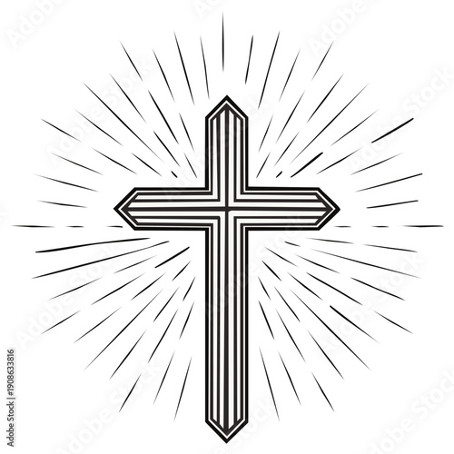 Cross with burst rays, Christian religious symbol, vector graphic illustration