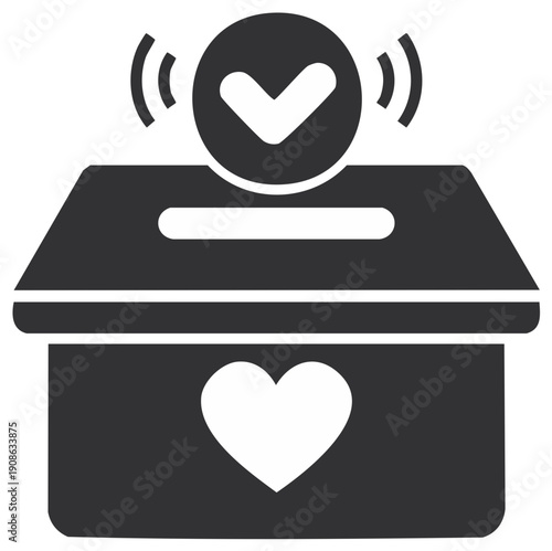 Donation box icon with heart and checkmark symbol represents charity, support, and approval