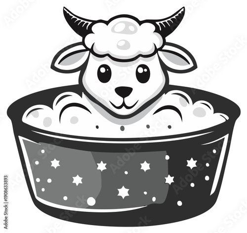 Cartoon sheep enjoying a bath in a tub with stars design