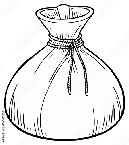 Hand drawn line art illustration of a simple tied sack or bag filled with contents