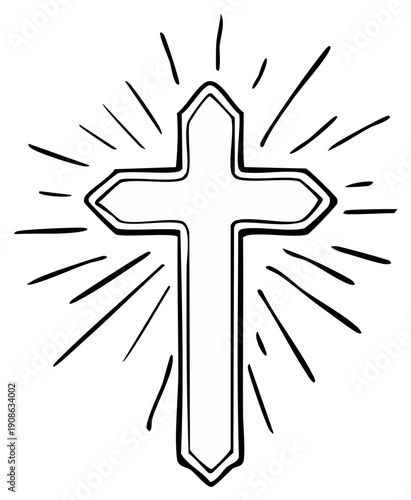 Hand-drawn cross with rays of light, religious symbol, faith