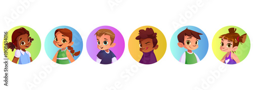 Kid avatar collection - cartoon faces with happy expressions. Cute child portraits of diverse girl and boy characters in circular icons. School student head illustrations with different hairstyles.