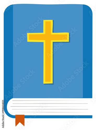 Cartoon illustration of a blue book with a gold cross religious symbol.