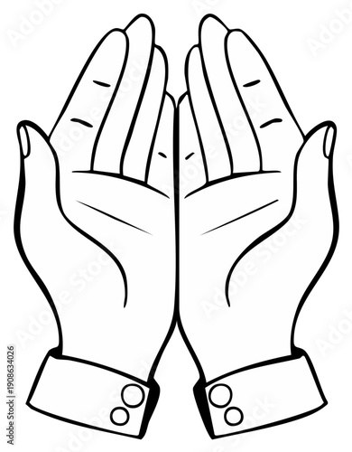 Outlined hands cupped together in a welcoming or offering gesture, vector illustration.