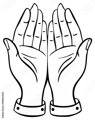 Open cupped hands in a gesture of prayer supplication or receiving alms vector line art